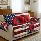 Red Poppies on Flag Stripes Sofa Cover