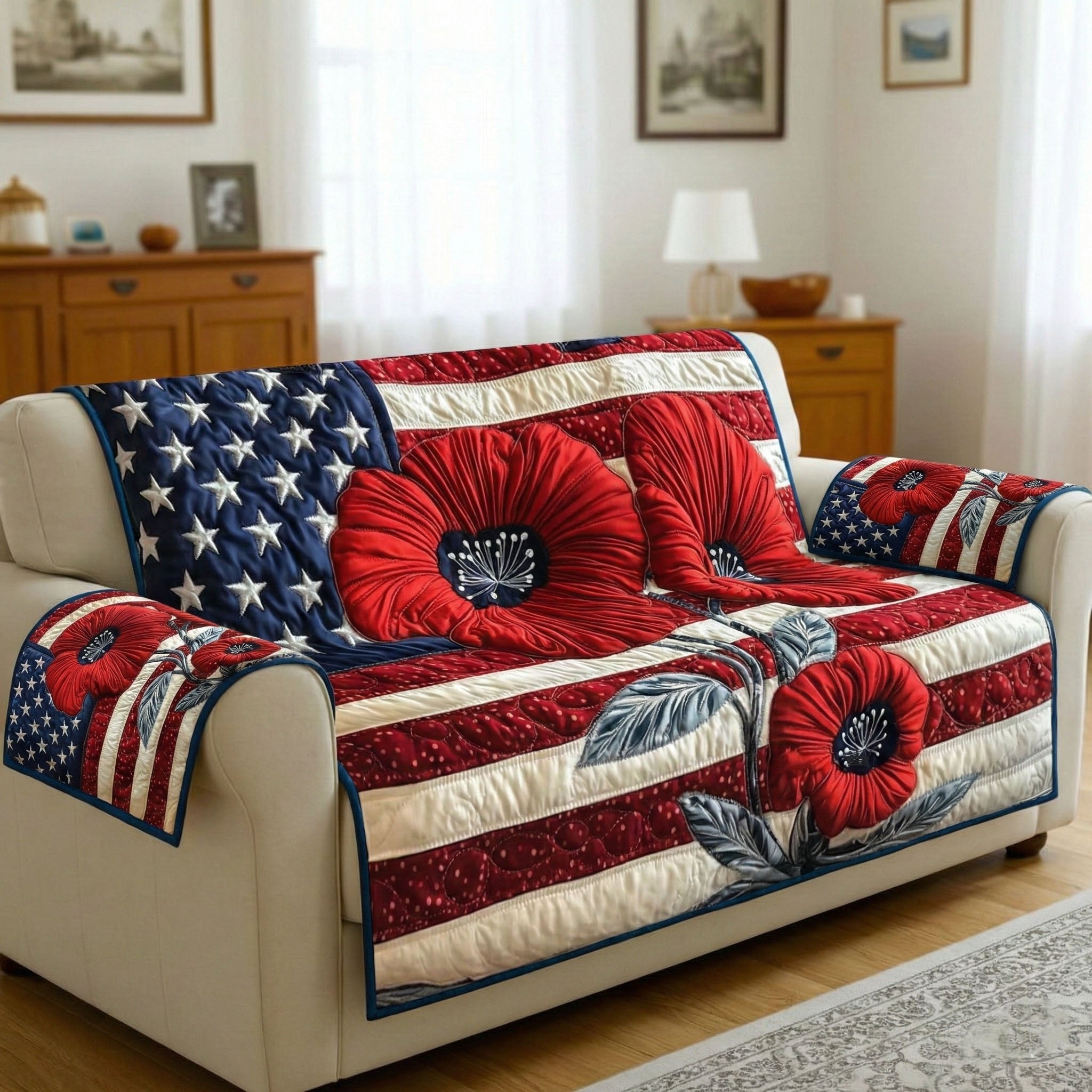 Red Poppies on Flag Stripes Sofa Cover