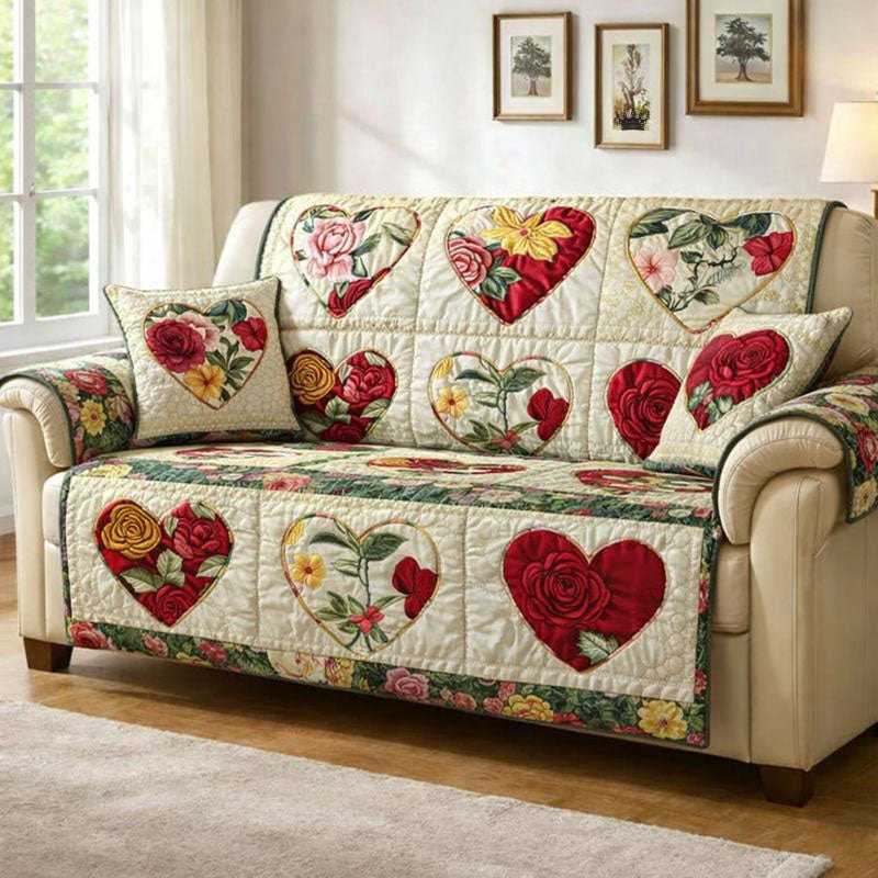 Red Roses and Hearts on Ivory Sofa Cover