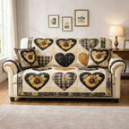 Sunflower Hearts on Black Plaid Sofa Cover