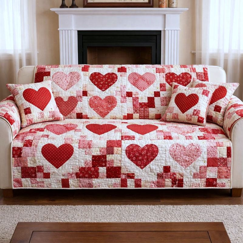 Red Hearts on the Checkerboard Quilt Sofa Cover