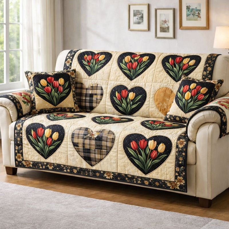 Tulip Hearts on Cream Plaid Sofa Cover