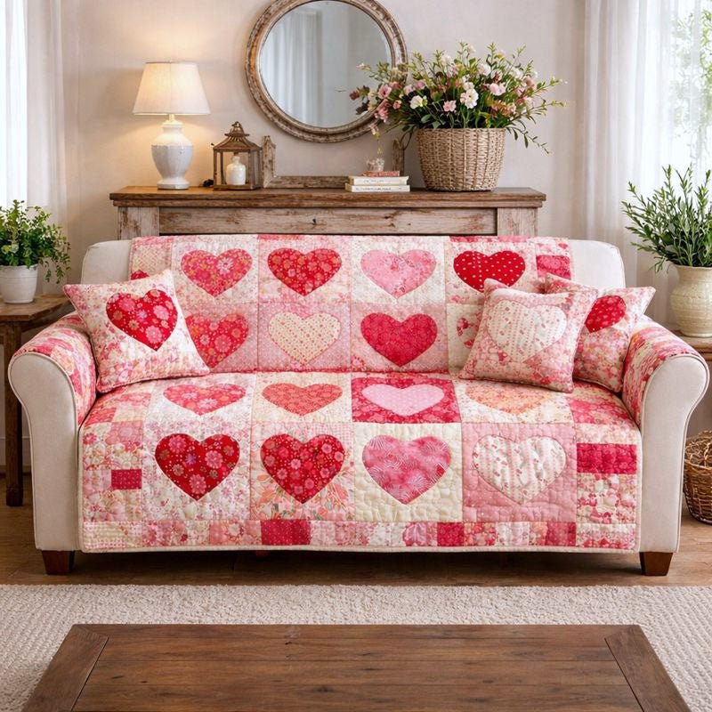 Pink and Red Hearts in Soft Squares Sofa Cover