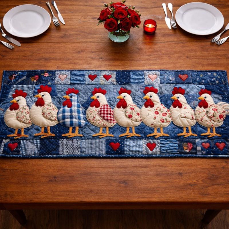 Row of Hens with Red Hearts Table Runner