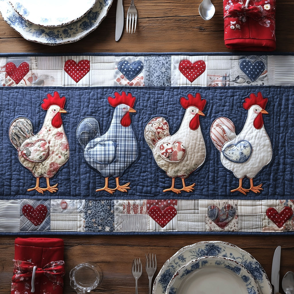 Patchwork Chickens on Blue Check Table Runner