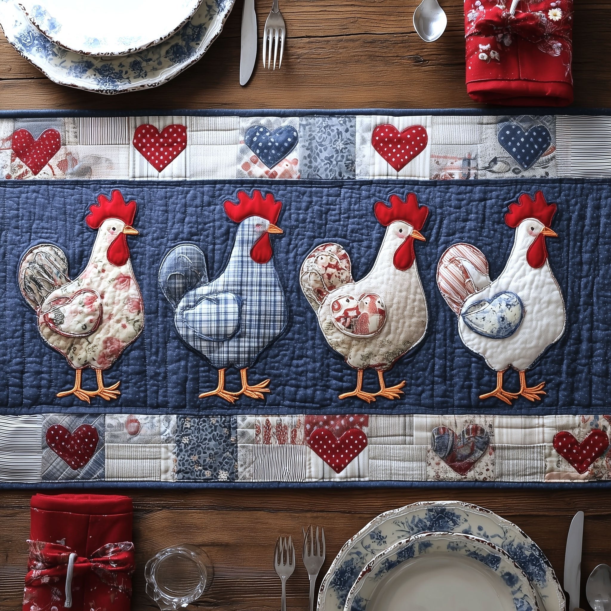 Patchwork Chickens on Blue Check Table Runner