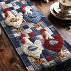 Hens and Rooster on Blue Patchwork Table Runner