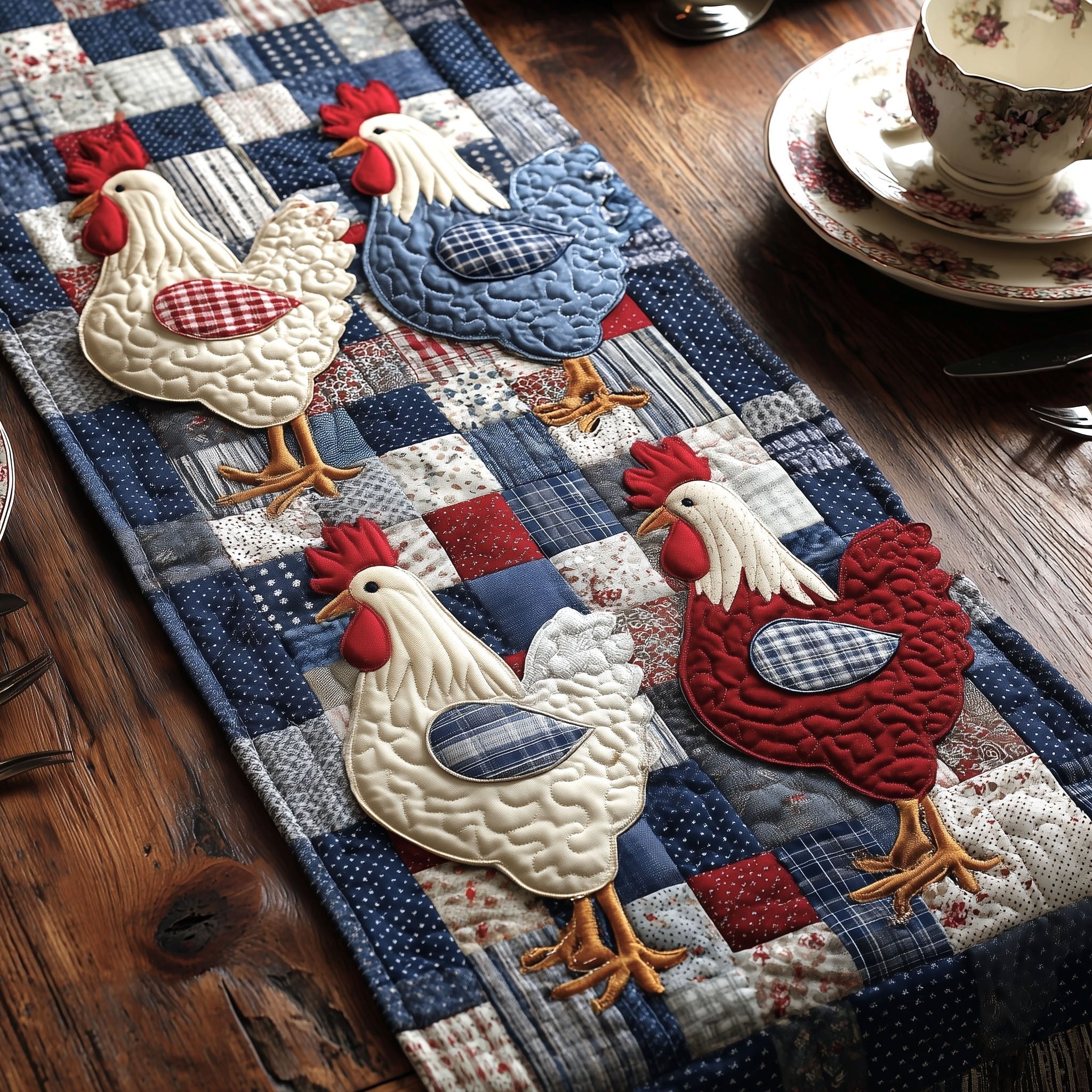Hens and Rooster on Blue Patchwork Table Runner