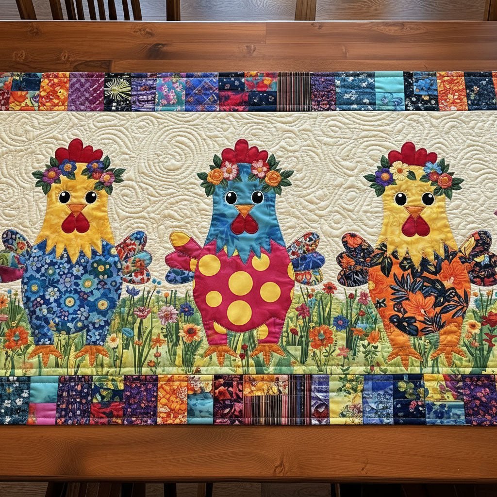 Polka Dot Chickens Among Blooms Table Runner
