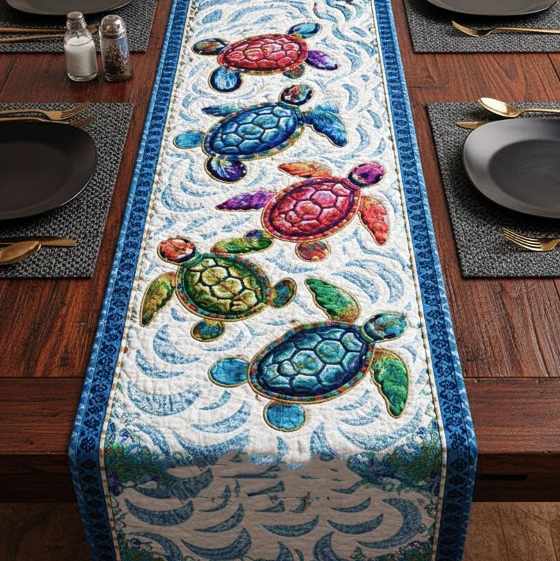 Green Turtles on Cream Panel Table Runner