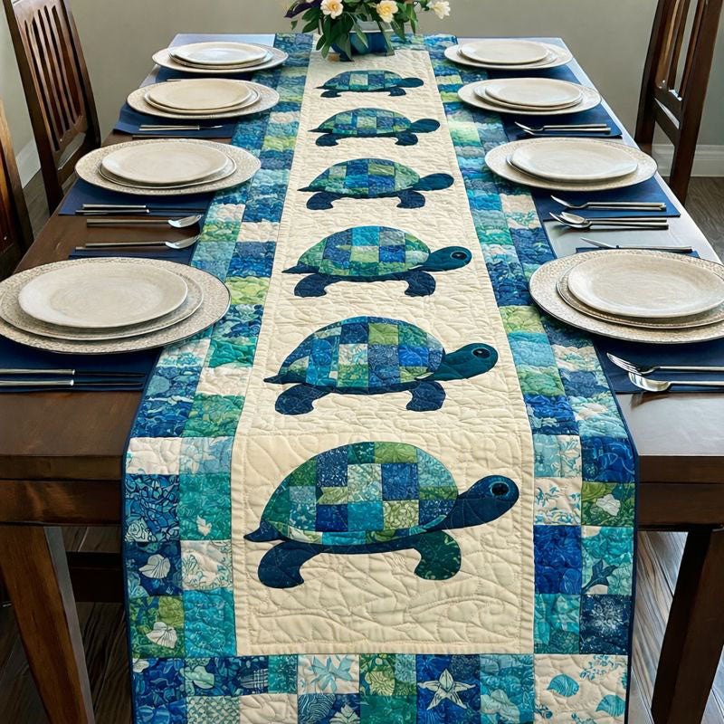 Patchwork Turtles in Green and Blue Table Runner