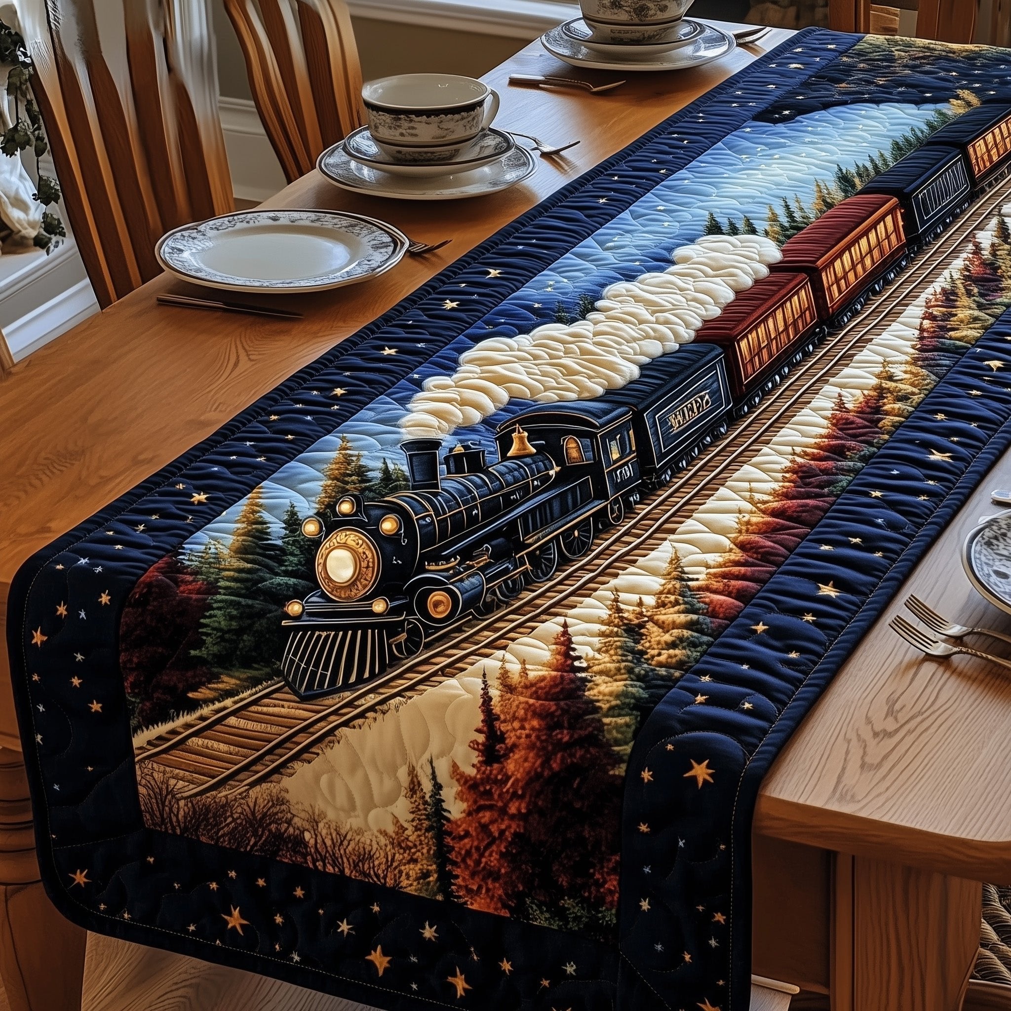 Night Train Through Pine Forest Table Runner