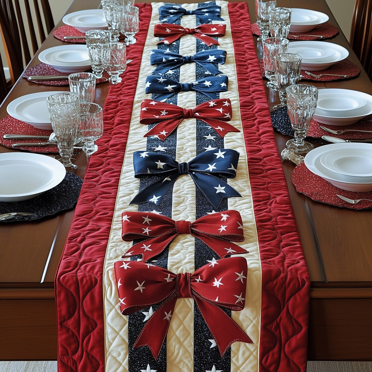Red and Blue Bows on Stripes Table Runner