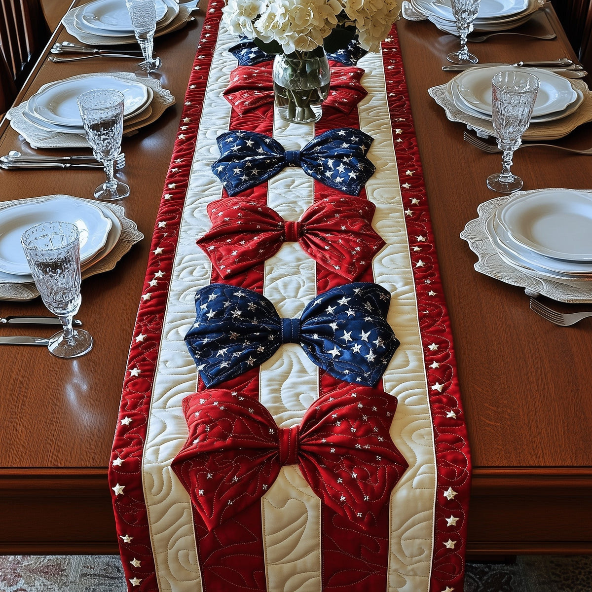 Patriotic Bows on Flag Stripes Table Runner