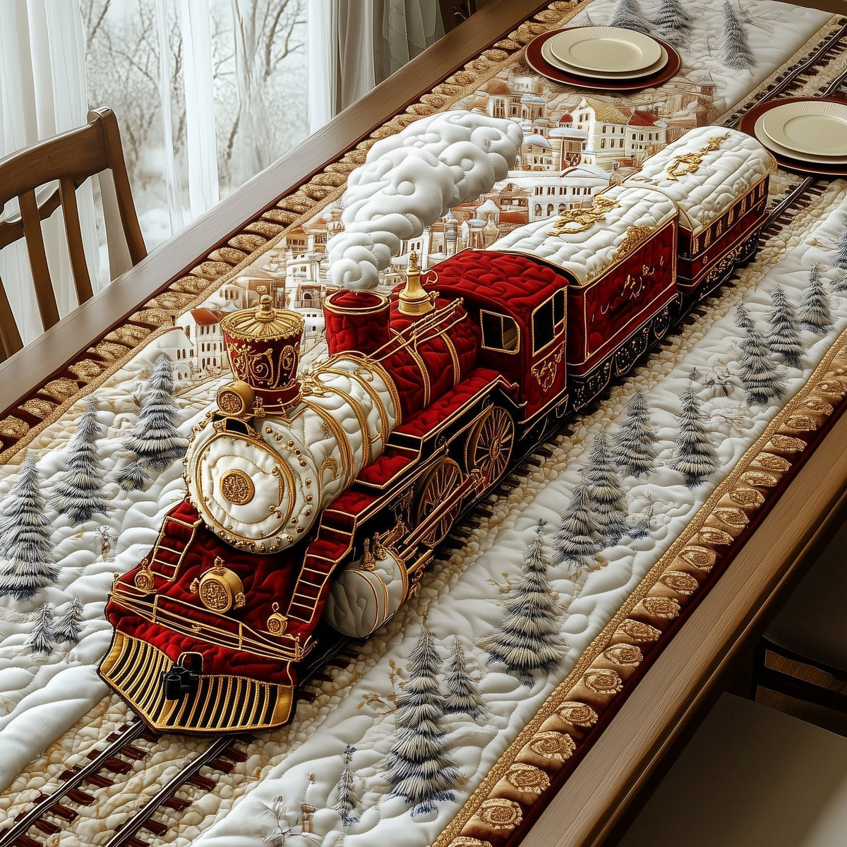 Red Train on Snowy Track Table Runner
