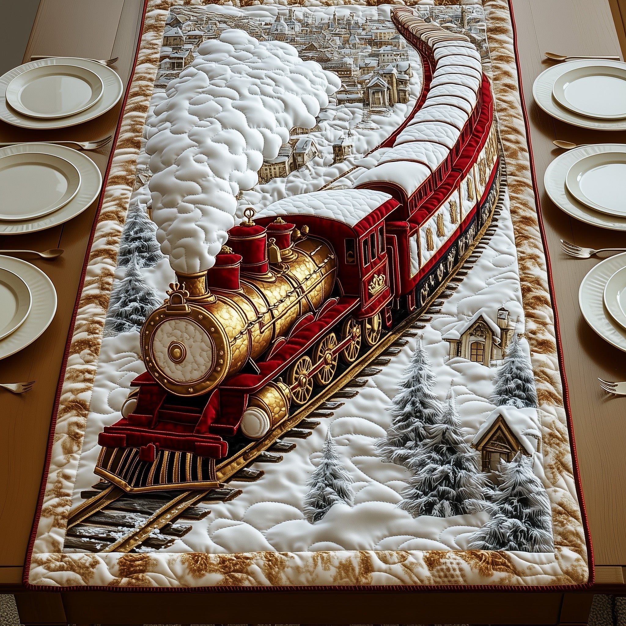 Red Locomotive in Snowy Village Table Runner