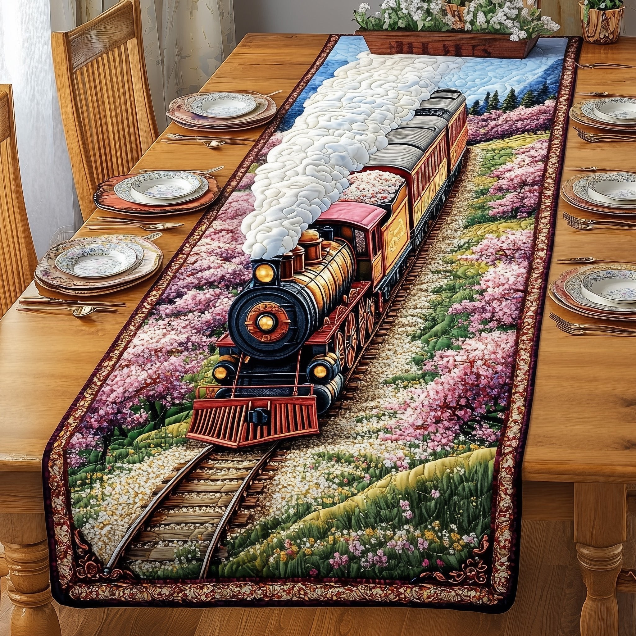 Train Through Pink Blossom Fields Table Runner