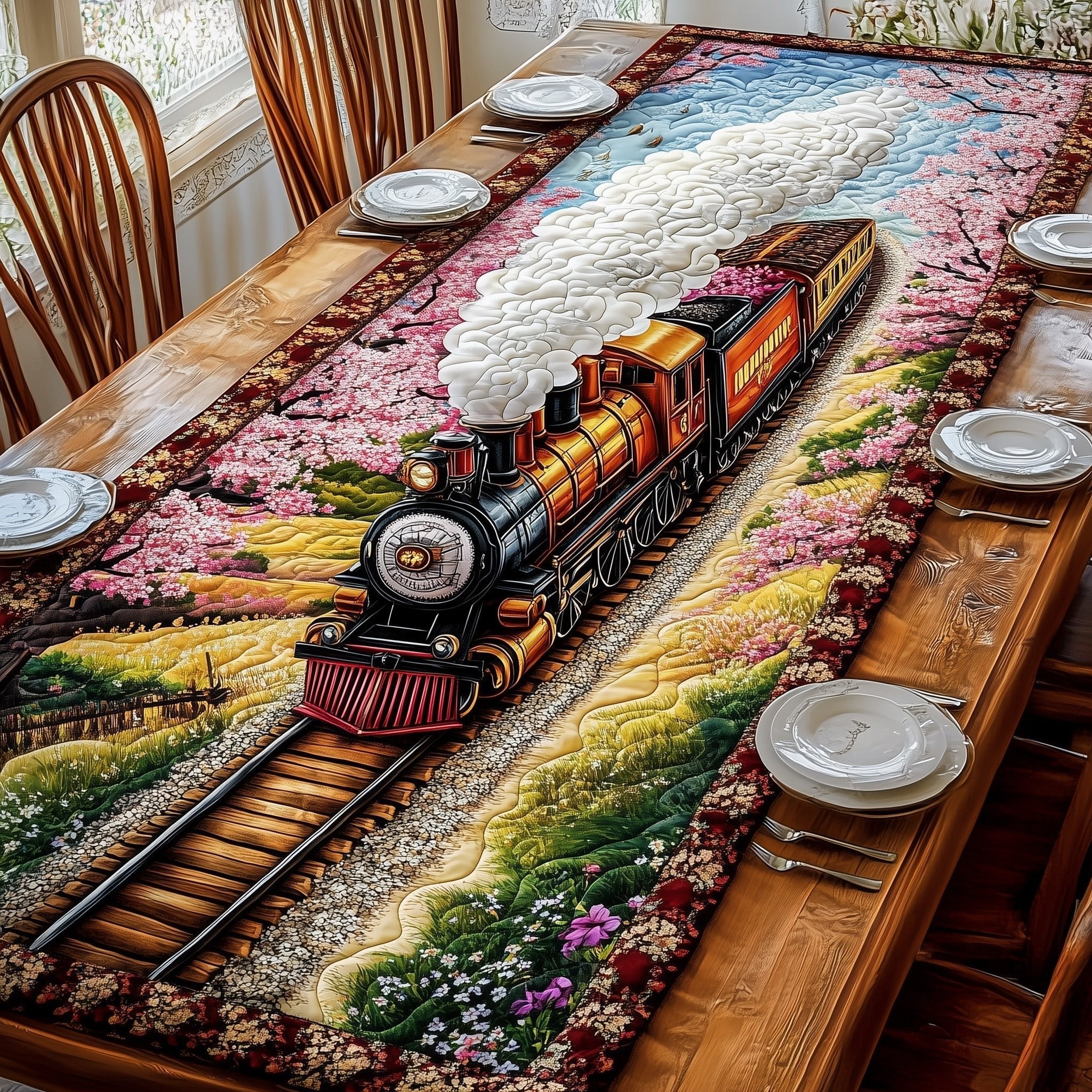 Train Beside Blooming Countryside Table Runner