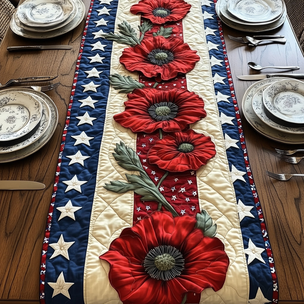 Red Poppies on Star Stripe Border Table Runner