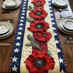 Red Poppies on Star Stripe Border Table Runner
