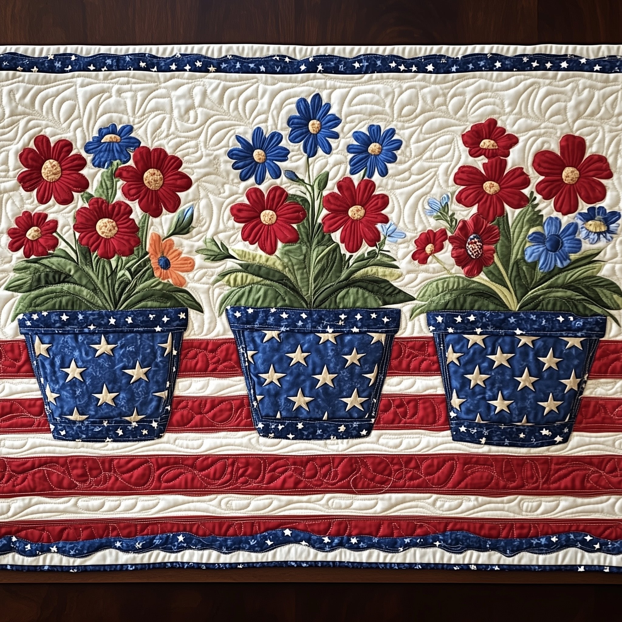 Star Flower Pots on Flag Stripes Table Runner