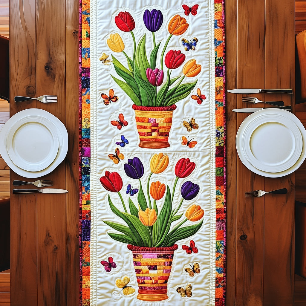 Tulip Pots with Butterflies Table Runner