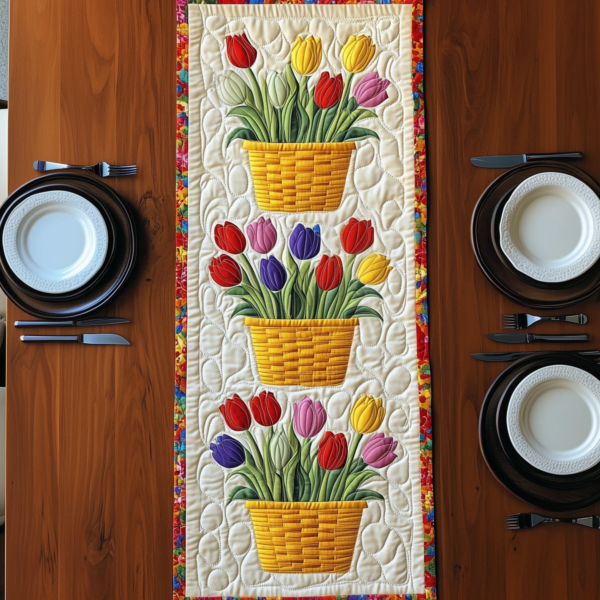 Tulips in Yellow Baskets Table Runner
