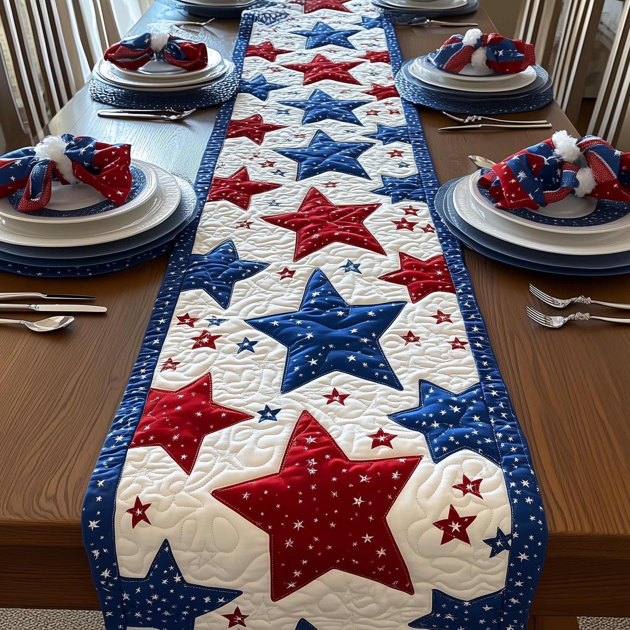 Red and Blue Stars on Cream Table Runner