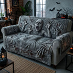 Grey Faces Pressing Through the Cloth Sofa Cover