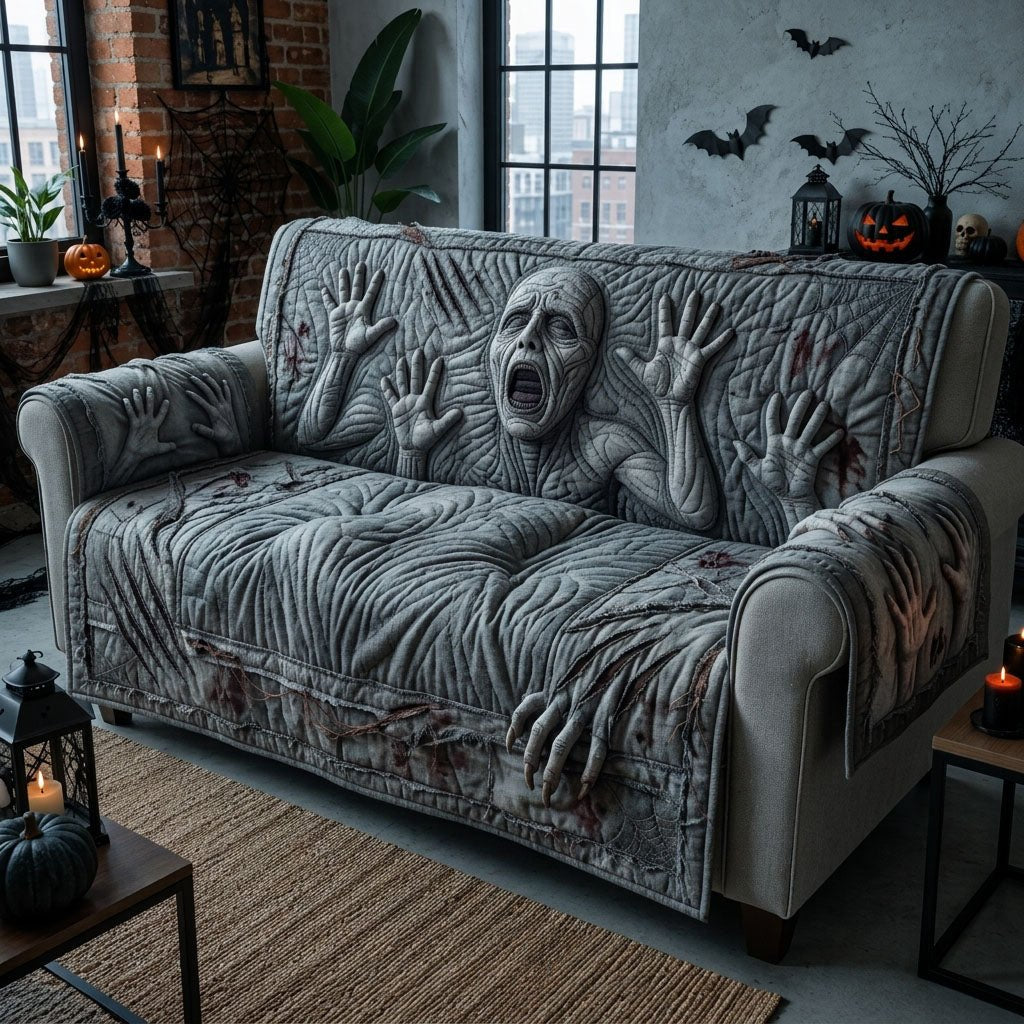 Grey Faces Pressing Through the Cloth Sofa Cover
