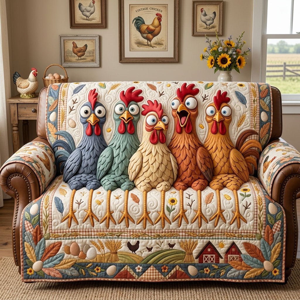 Wide Eyed Chickens Above the Farm Border Sofa Cover