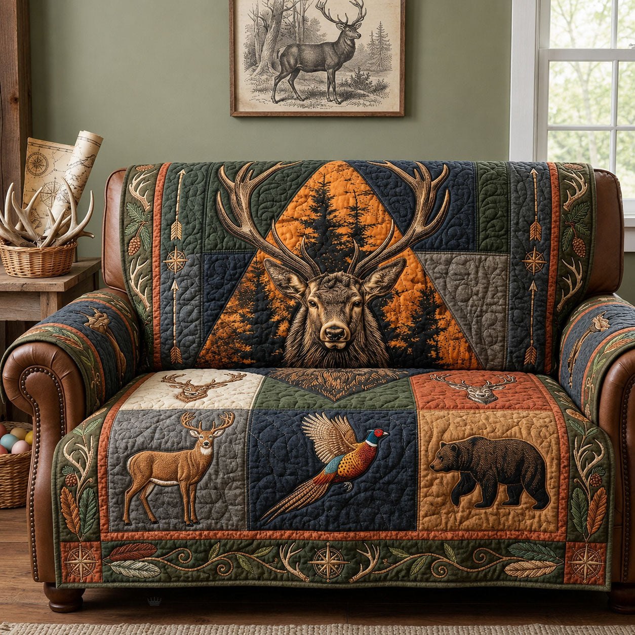 Elk and Pheasant in Woodland Blocks Sofa Cover