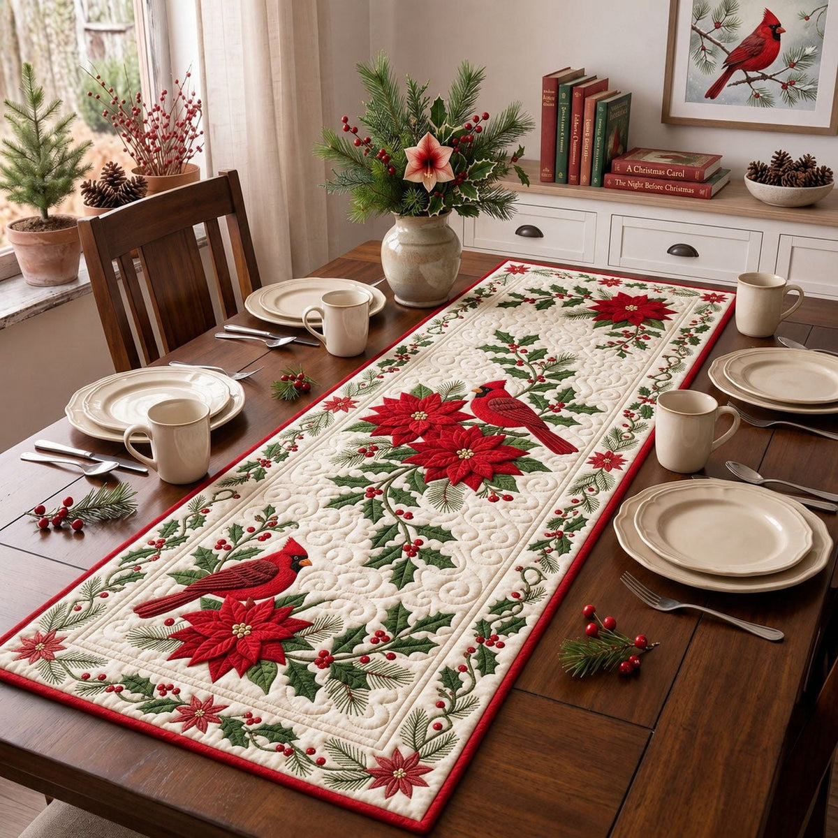 Cardinals with Holly on Cream Table Runner