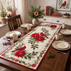 Cardinals with Holly on Cream Table Runner