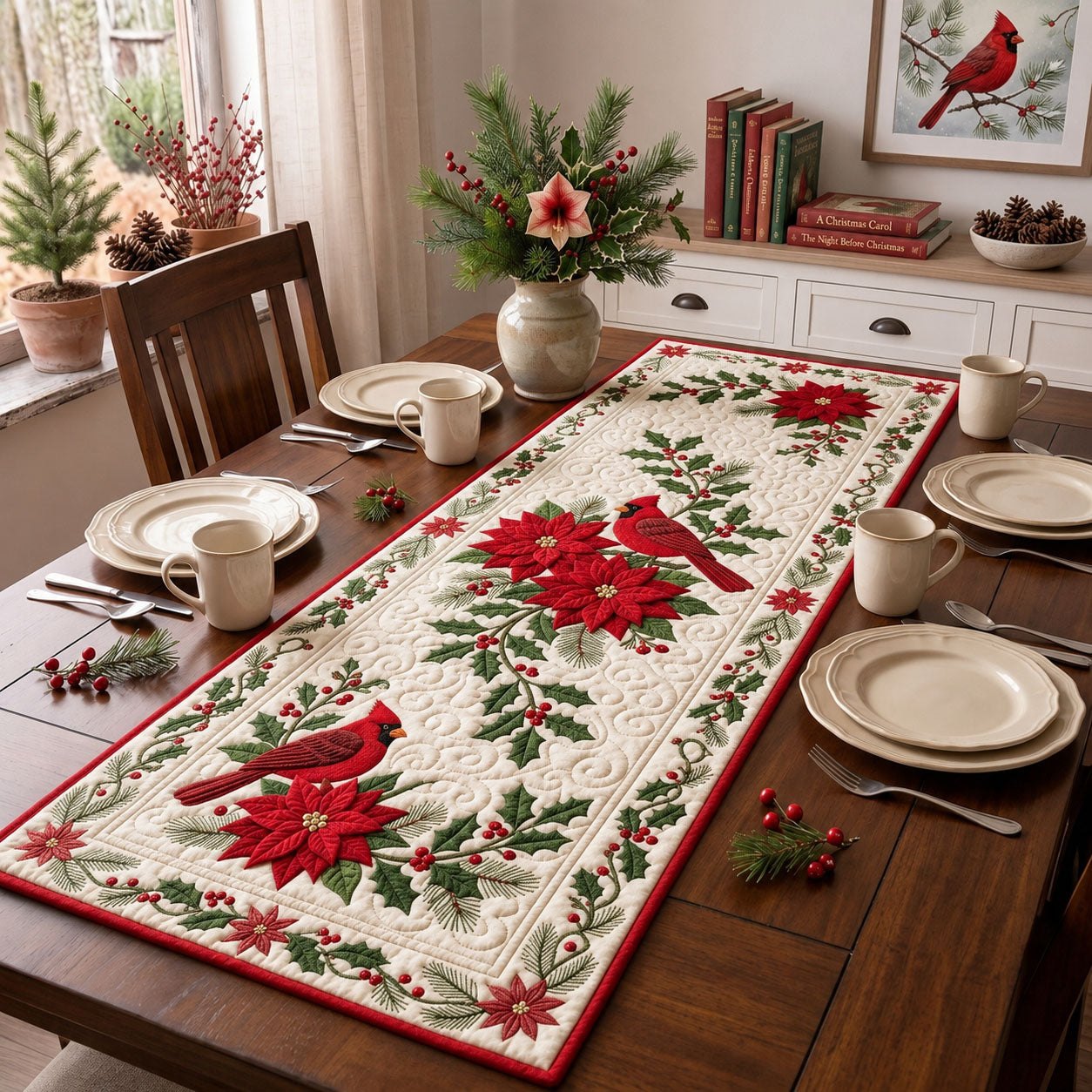 Cardinals with Holly on Cream Table Runner