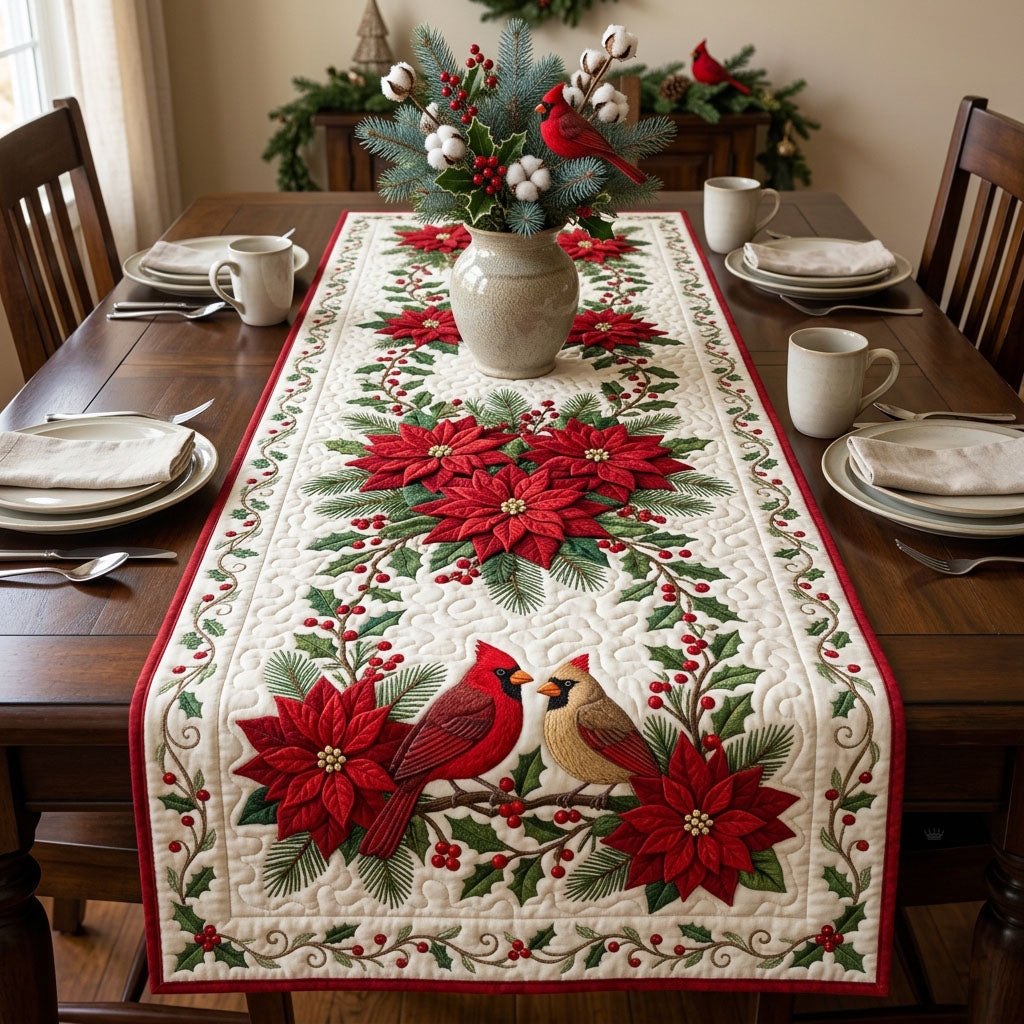 Cardinals with Red Poinsettias Table Runner