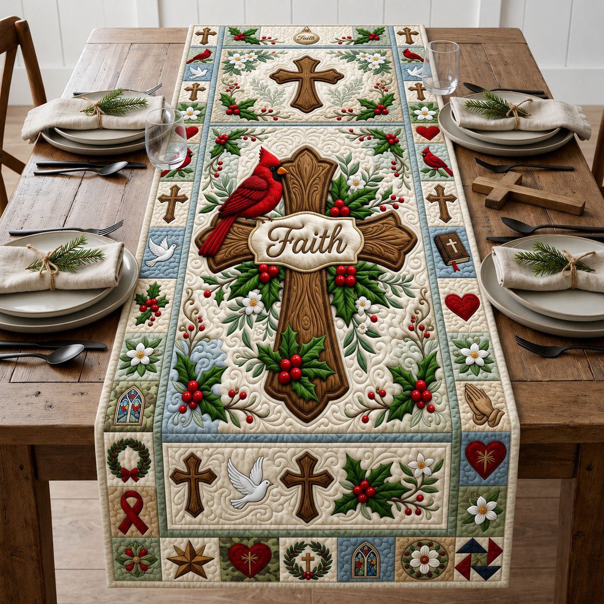 Faith Cross with Holly Border Table Runner