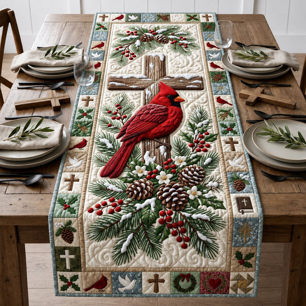 Cardinal with Pinecones and Crosses Table Runner