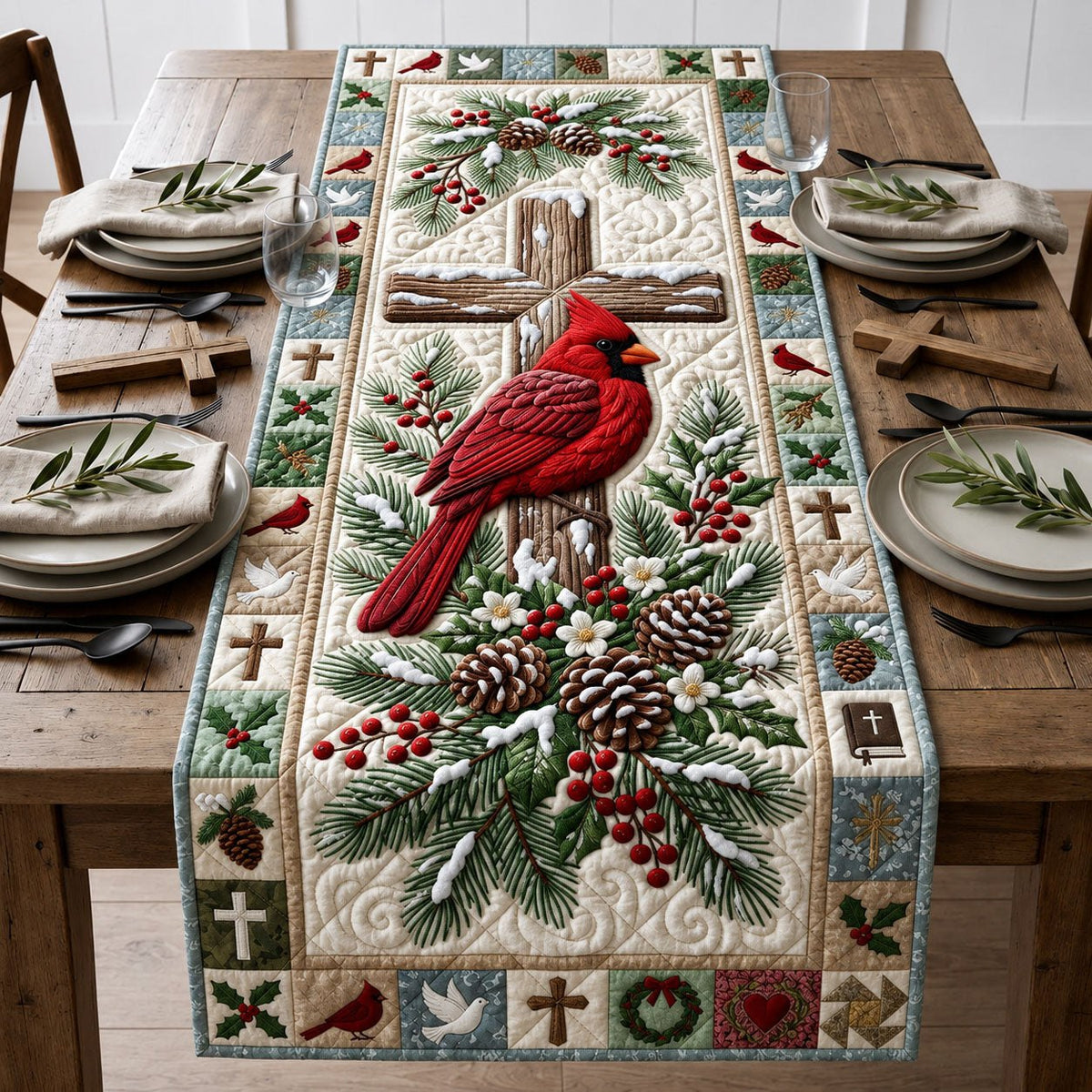 Cardinal with Pinecones and Crosses Table Runner