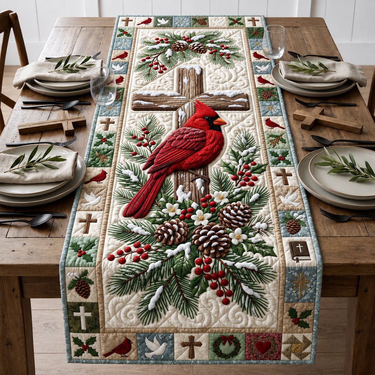 Cardinal with Pinecones and Crosses Table Runner