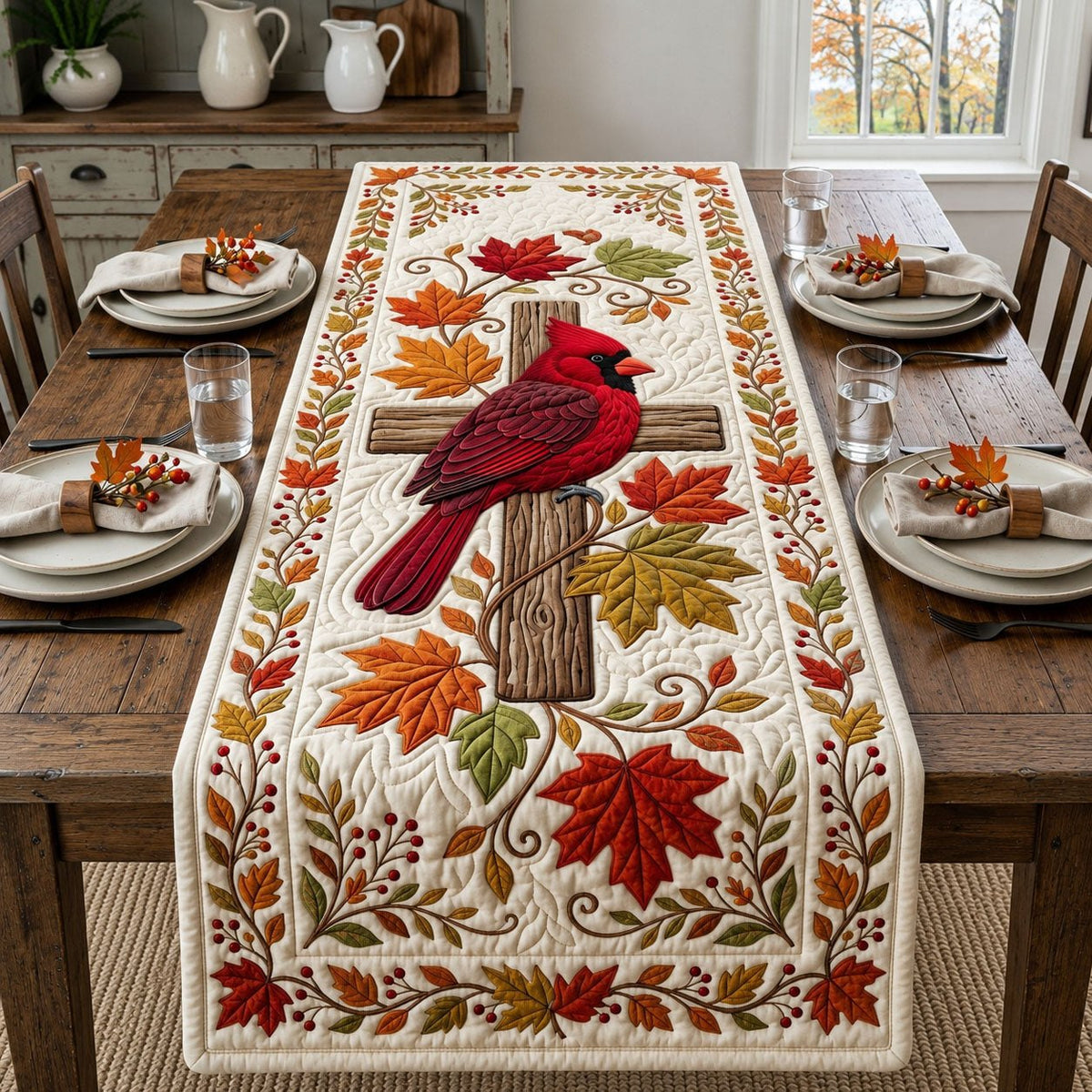 Cardinal on Post with Autumn Leaves Table Runner