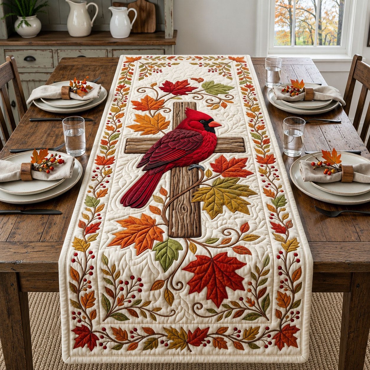 Cardinal on Post with Autumn Leaves Table Runner