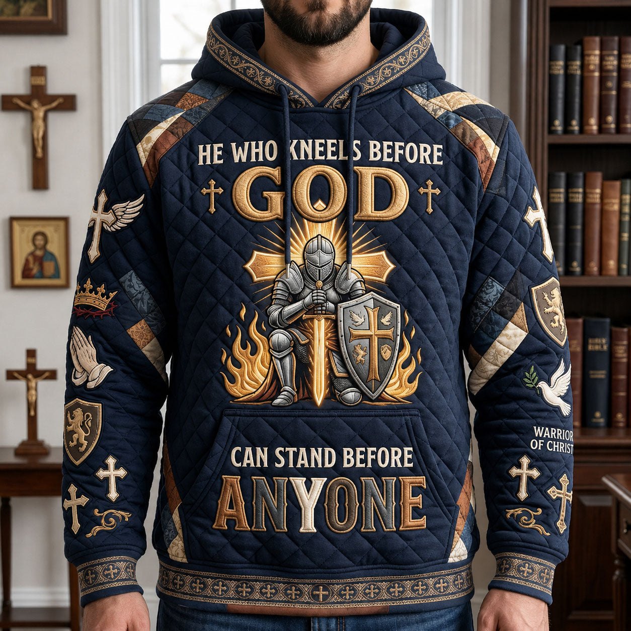 He Who Kneels Before God Can Stand hoodie, all-over print