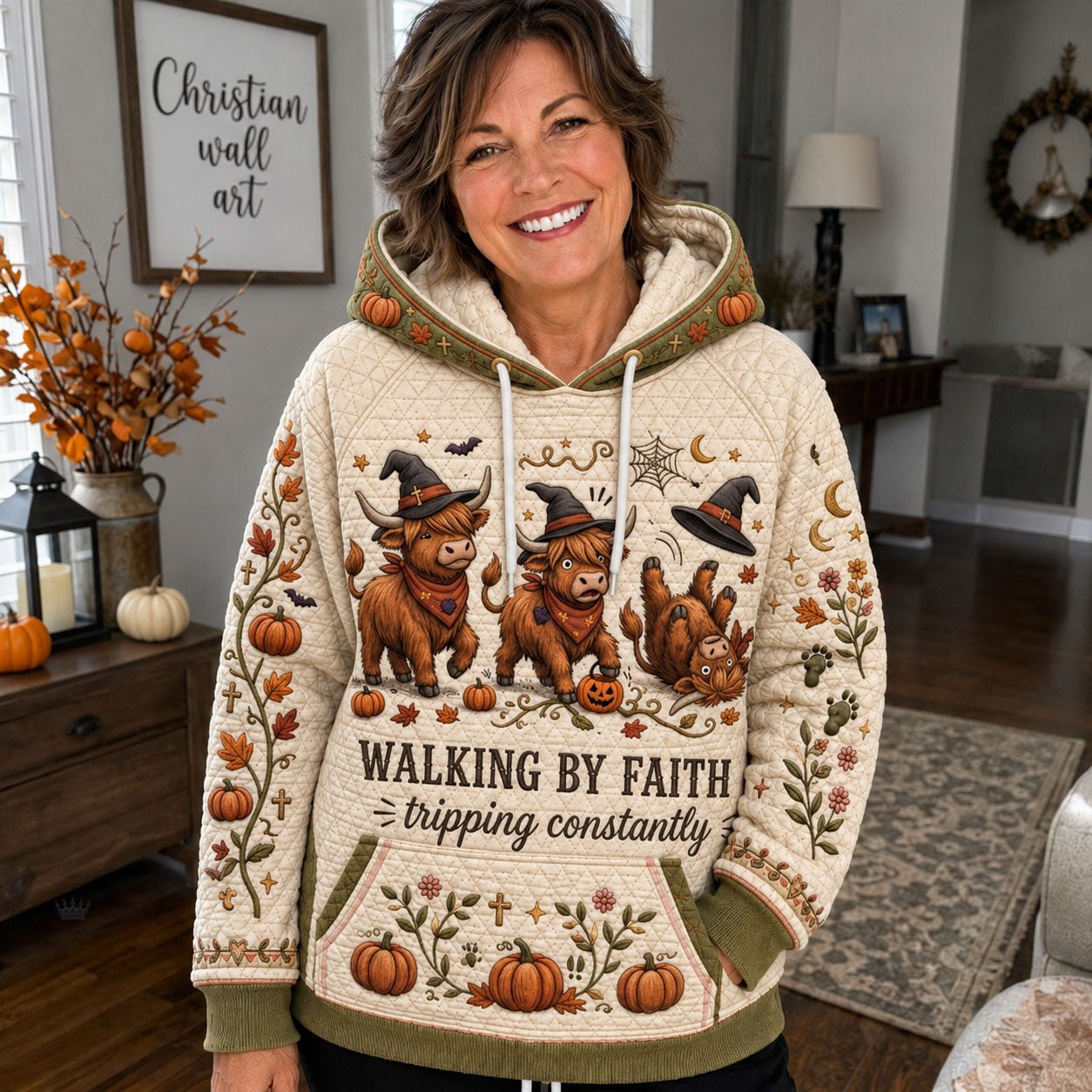 Walking by Faith Tripping Constantly Cows hoodie, all-over print