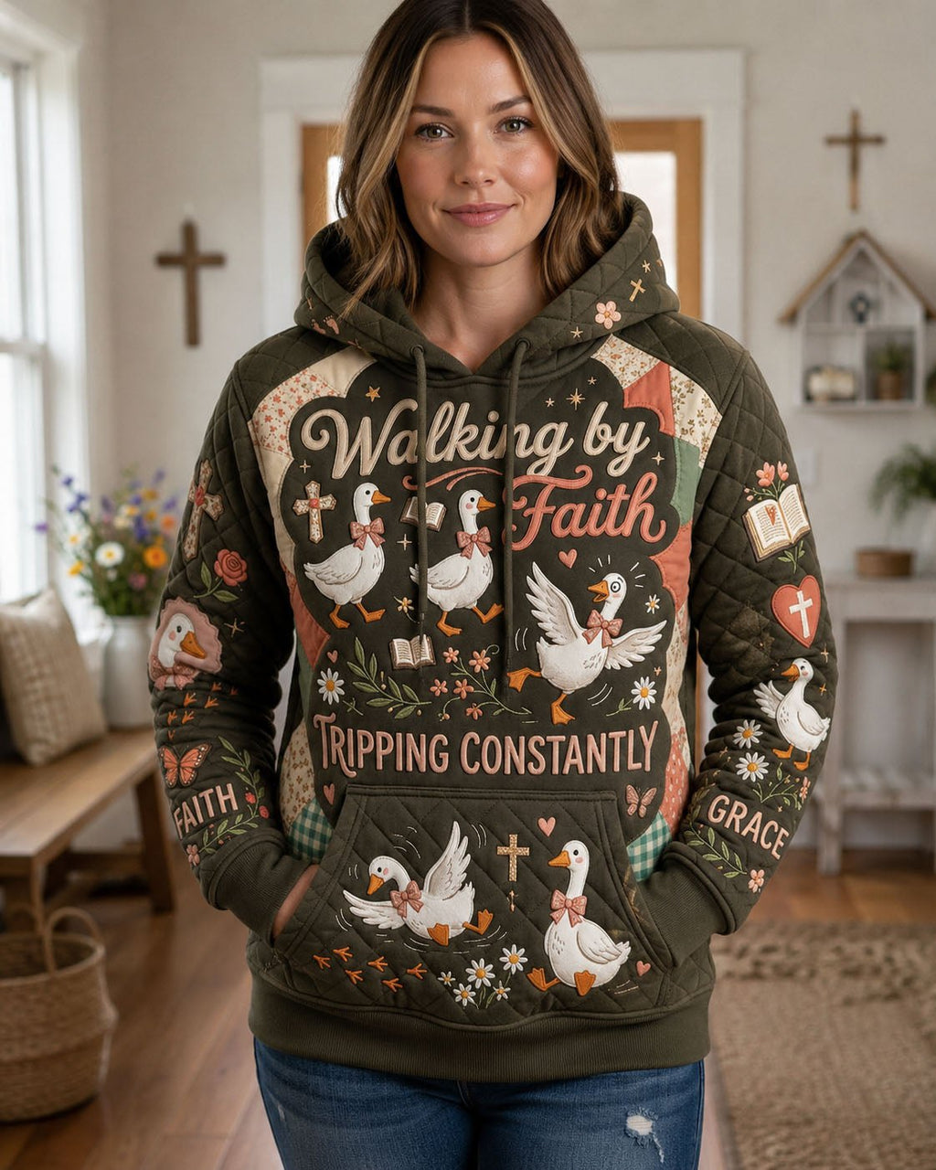 Walking by Faith Geese on Olive hoodie, all-over print
