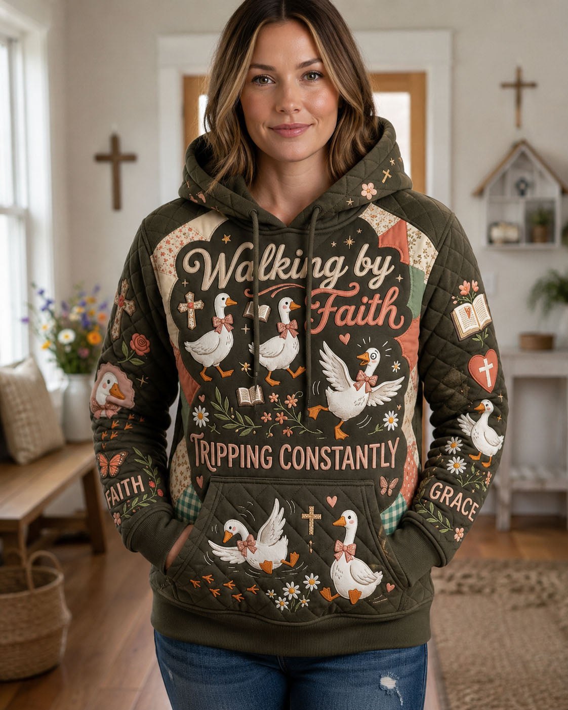 Walking by Faith Geese on Olive hoodie, all-over print