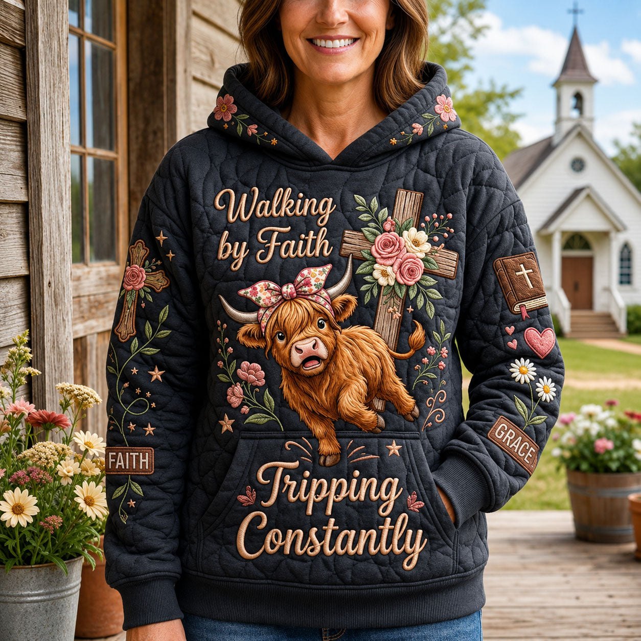 Walking by Faith Highland Cow hoodie, all-over print