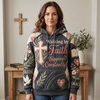 Walking by Faith Cross on Charcoal hoodie, all-over print