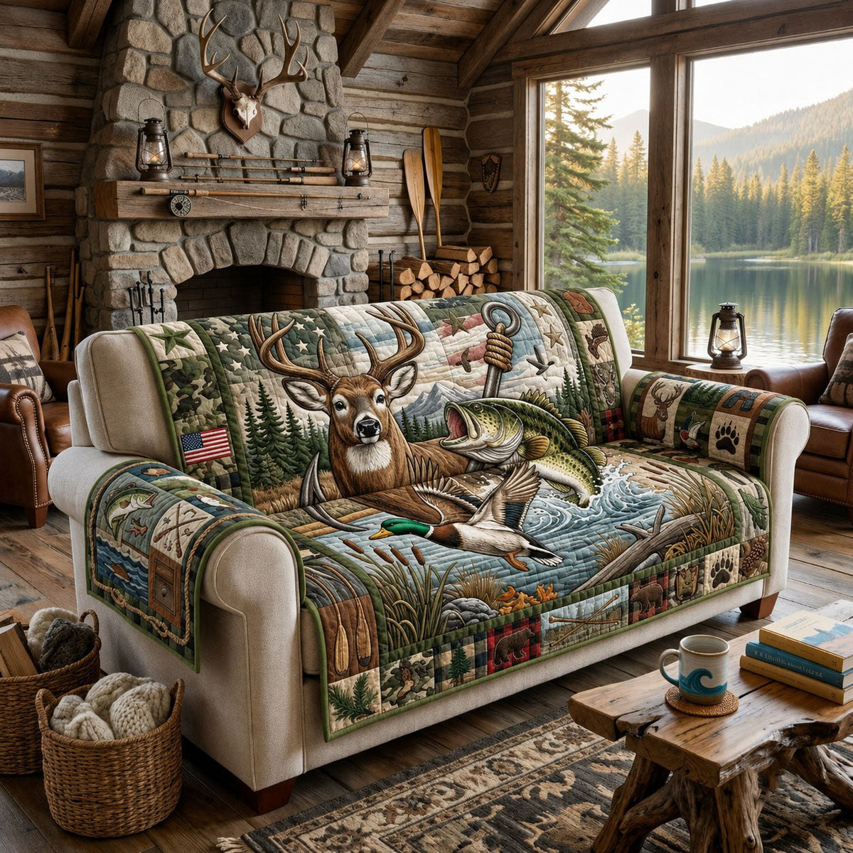 Buck Beside the Lodge Fireplace Sofa Cover