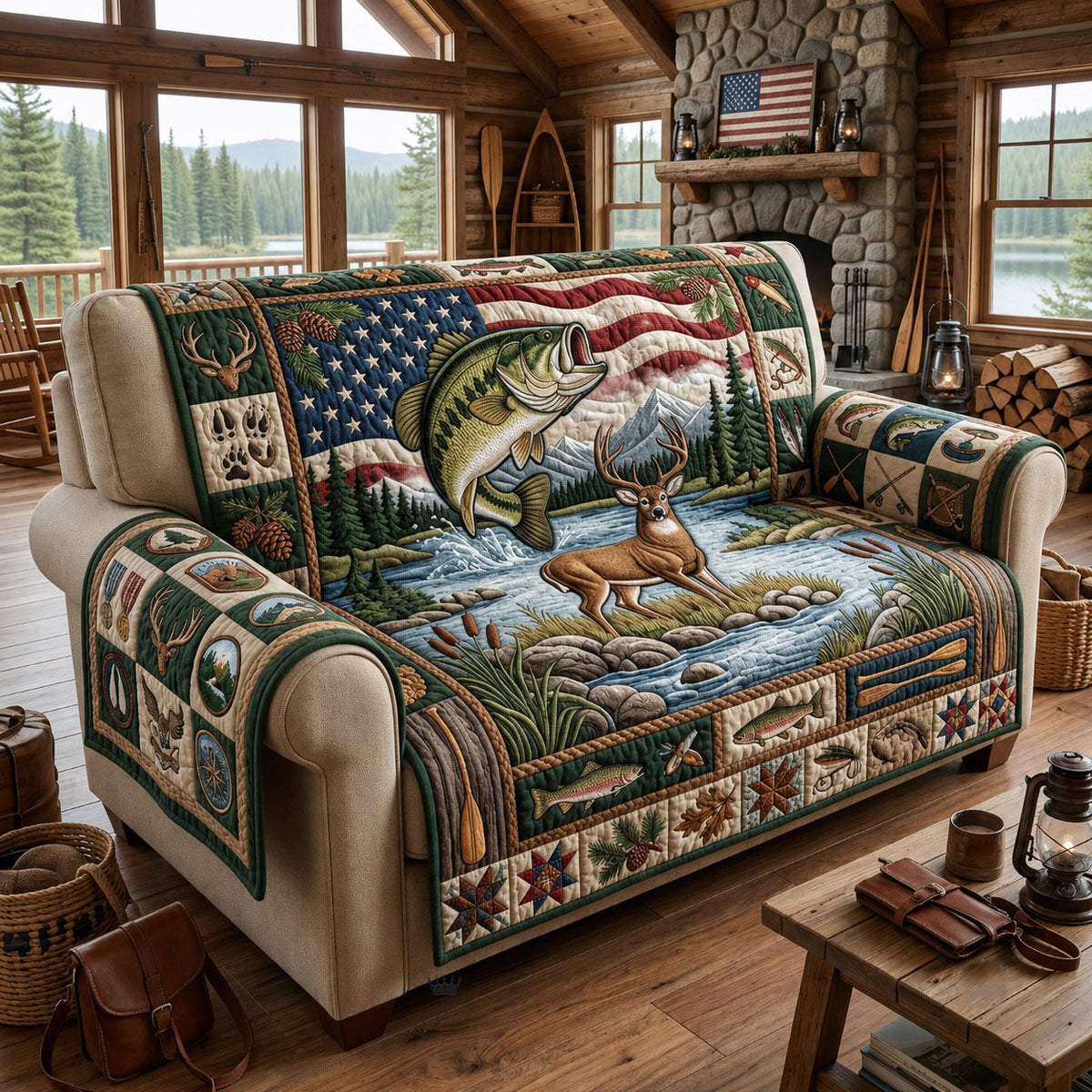 Patriotic Hunting Fishing Sofa Cover